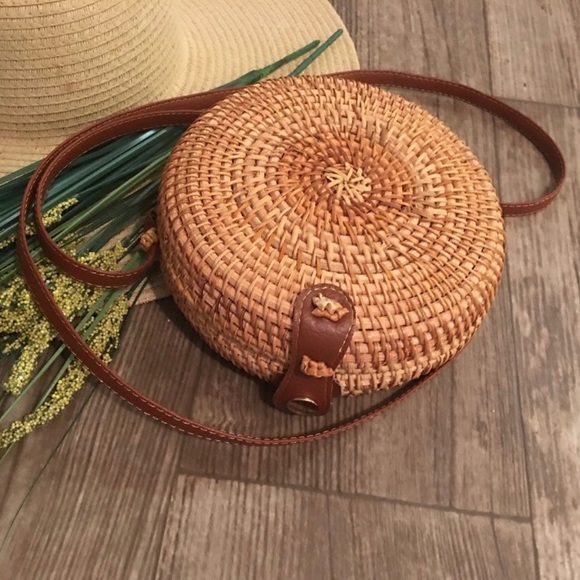2X HP🌴ROUND CIRCLE WOVEN STRAW CROSSBODY HANDBAG - Picture 2 of 6